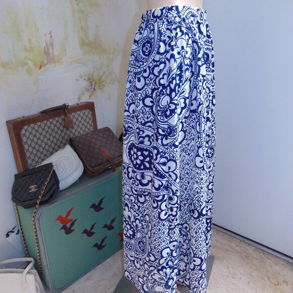 Vintage 70s Maxi Skirt Blue White Paisley Floral Prairie Cottagecore Sz M - Picture 4 of 7